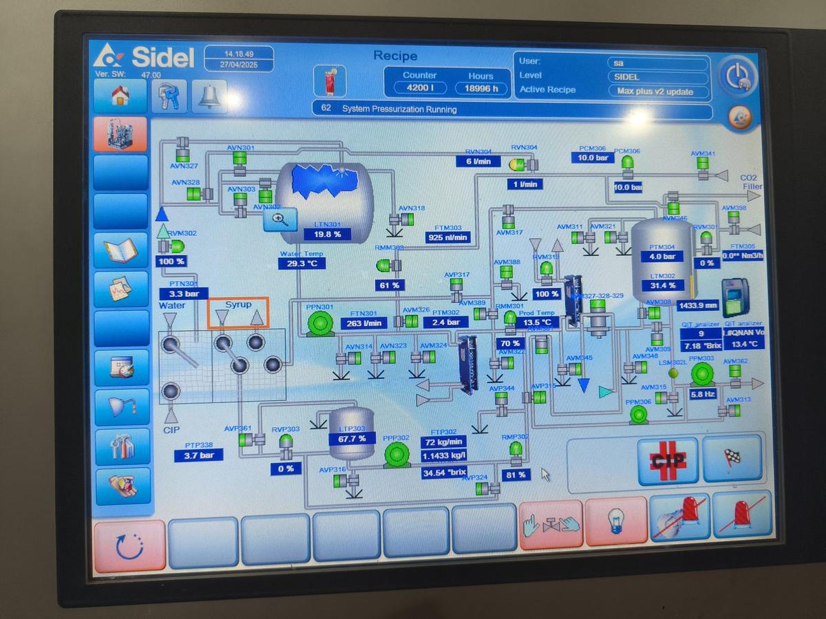 Sidel HMI control screen showing carbonation and syrup blending parameters on the retrofitted line.
