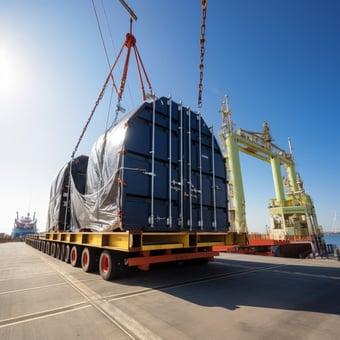 Port crane loading covered oversized cargo onto a trailer.